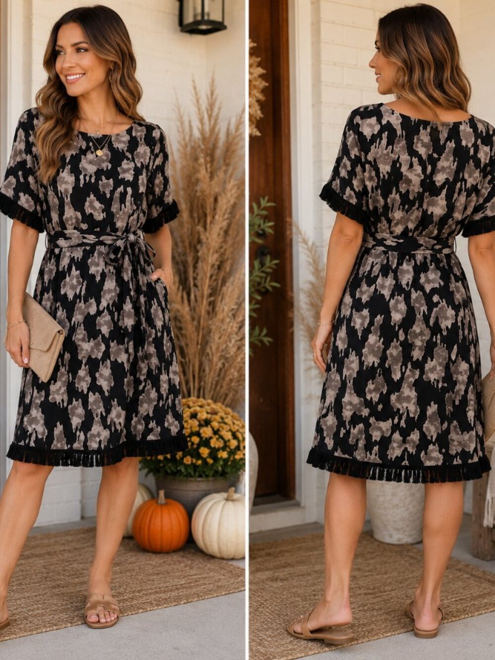 NWT Umgee Black Taupe Abstract Print Tassel Trim Tie Sleeve Dress Size Medium